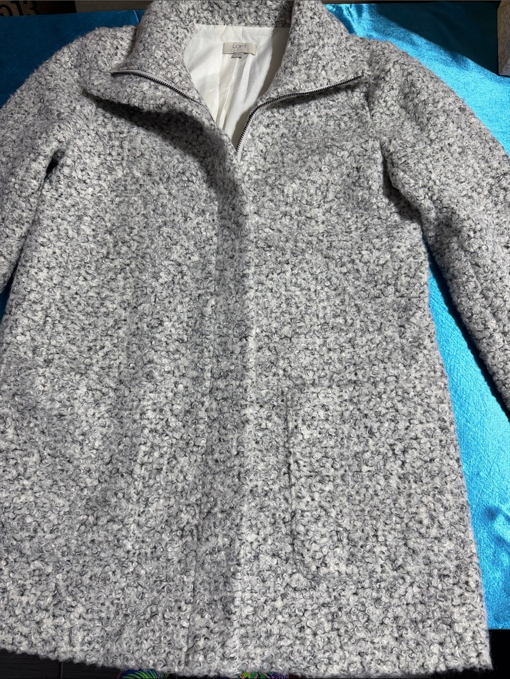 LOFT Gray Bouclé Teddy Zip Jacket
